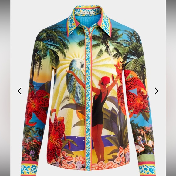 NWT Alice + Olivia Multicolor Tropical Print Blouse S $375 - Picture 1 of 6
